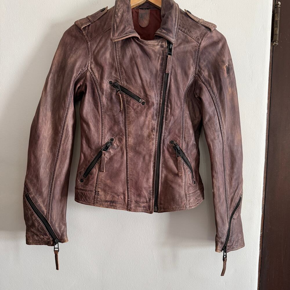Y2K Vintage Gipsy Brown Distressed Leather Moto Jacket Peace Sign Extra Small - Picture 6 of 7